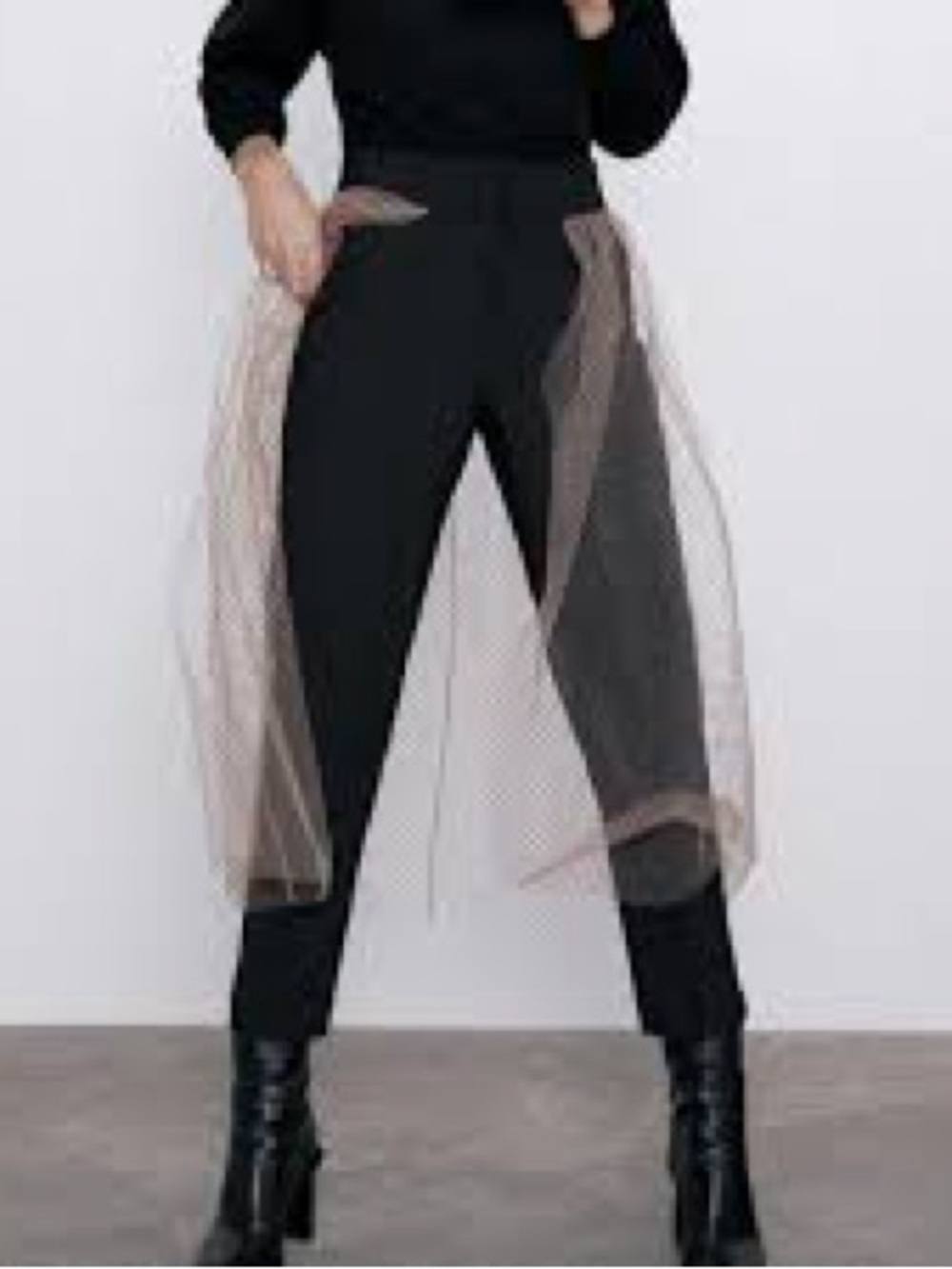 NWT Zara Black and Nude Polka Dot Tulle Overlay Jumpsuit Pants
